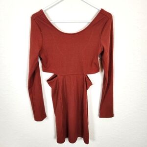 Open Edit | New Long Sleeve Side Cutout Mini Dress Rust Medium
